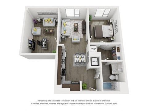 Floor plan for 1 bed, 1 bath, 826 sqft